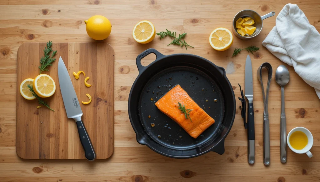 Healthy & Delicious Pan-Roasted Salmon with Lemon and Herbs 2 Cast-iron skillet, chef’s knife, cutting board, tongs, zester, and mixing bowls arranged with lemon and herbs for pan-roasted salmon.
