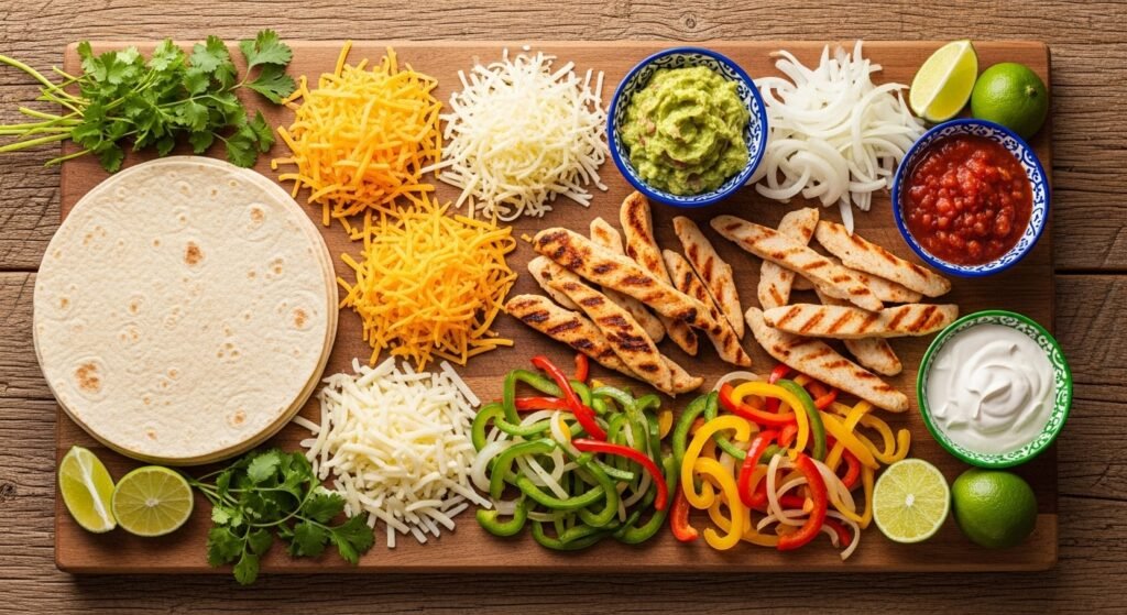 Ultimate Fiesta Quesadillas, Blistered Shishito Peppers 2 Ultimate Fiesta Quesadilla ingredients flat lay – flour tortillas, shredded cheese, grilled chicken, sautéed peppers and onions, guacamole, salsa, sour cream, and lime wedges on a rustic wooden surface.