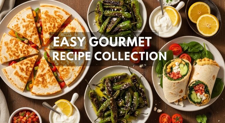 Hyper-realistic image of ultimate fiesta quesadillas, blistered shishito peppers, and a Mediterranean chickpea wrap — a colorful gourmet recipe trio arranged on a rustic table with dips and lemon wedges.
