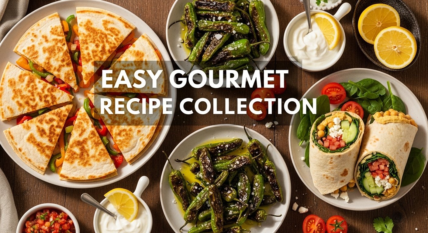 Ultimate Fiesta Quesadillas, Blistered Shishito Peppers 1 Hyper-realistic image of ultimate fiesta quesadillas, blistered shishito peppers, and a Mediterranean chickpea wrap — a colorful gourmet recipe trio arranged on a rustic table with dips and lemon wedges.