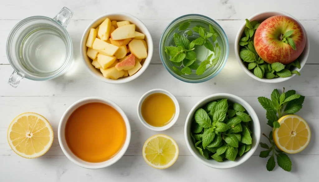 Gourmet Scrambled Eggs with Smoked Salmon 6 Separated ingredients for Apple Mint Tea including apple slices, fresh mint leaves, water, honey, and lemon slices displayed in small bowls on a bright surface.
