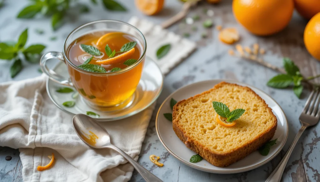 Gourmet Scrambled Eggs with Smoked Salmon 5 Clear glass cup of apple mint tea with fresh mint leaves and a sliced orange loaf cake on a small plate, set on a rustic table with warm natural light.
