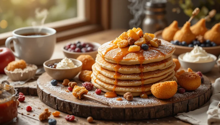Cozy breakfast board with caramel apple cinnamon pancakes, golden pancake poppers, syrup, and berries on a rustic wooden tray in warm morning light.