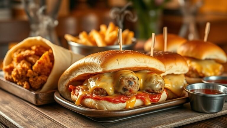 Comfort Food Favorites: Crispy Wraps, Meatball Subs 7 Comfort Food Favorites featuring crispy wraps, cheesy meatball subs, and buttery Swiss sliders served on a rustic wooden table.