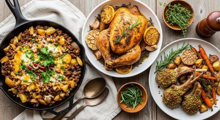 Hearty comfort food spread with beef and potato skillet, roasted herb chicken, and gourmet lamb chops served on a rustic table.