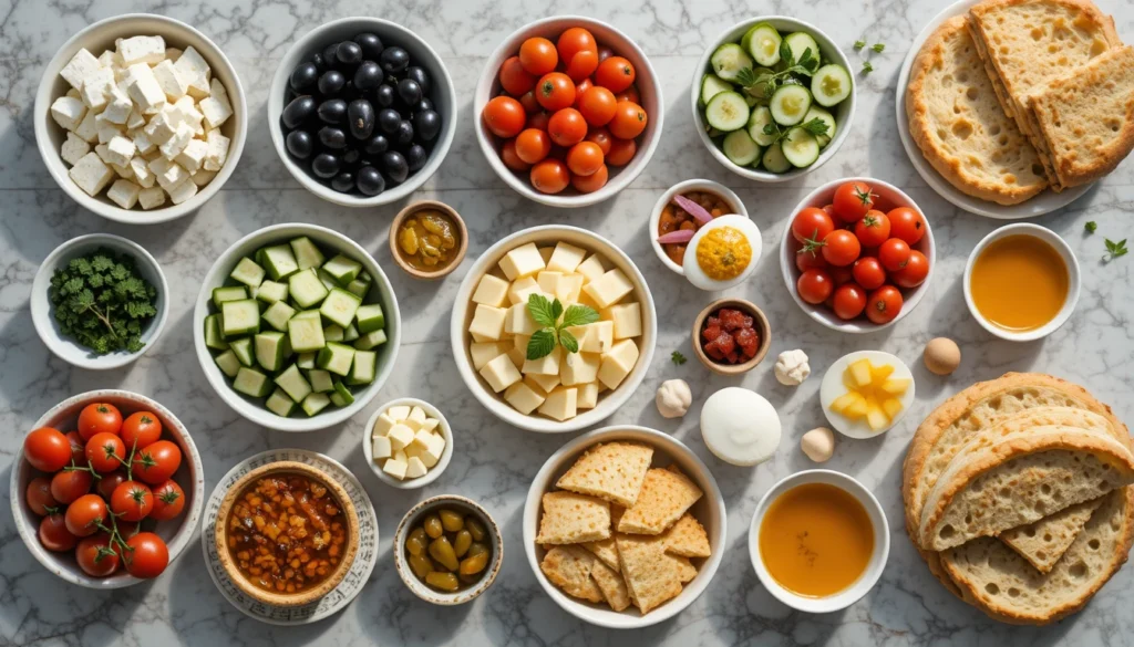Gourmet Scrambled Eggs with Smoked Salmon 4 Separated core ingredients for building a Turkish breakfast feast including olives, cheeses, cucumbers, tomatoes, eggs, breads, honey, jams, butter, and fresh herbs displayed in small bowls.