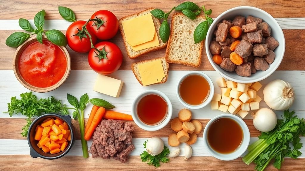 Cozy Classics: Tomato Soup & Grilled Cheese 2 Separated ingredients for Cozy Classics including tomatoes, bread, cheese, beef, carrots, potatoes, onions, and fresh herbs for tomato soup, grilled cheese, and beef stews.