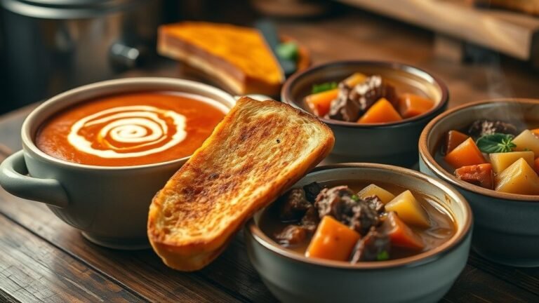 Cozy Classics: Tomato Soup & Grilled Cheese 5 Cozy Classics featuring tomato soup with grilled cheese, slow cooker beef stew, and hearty tender beef stew on a rustic wooden table.