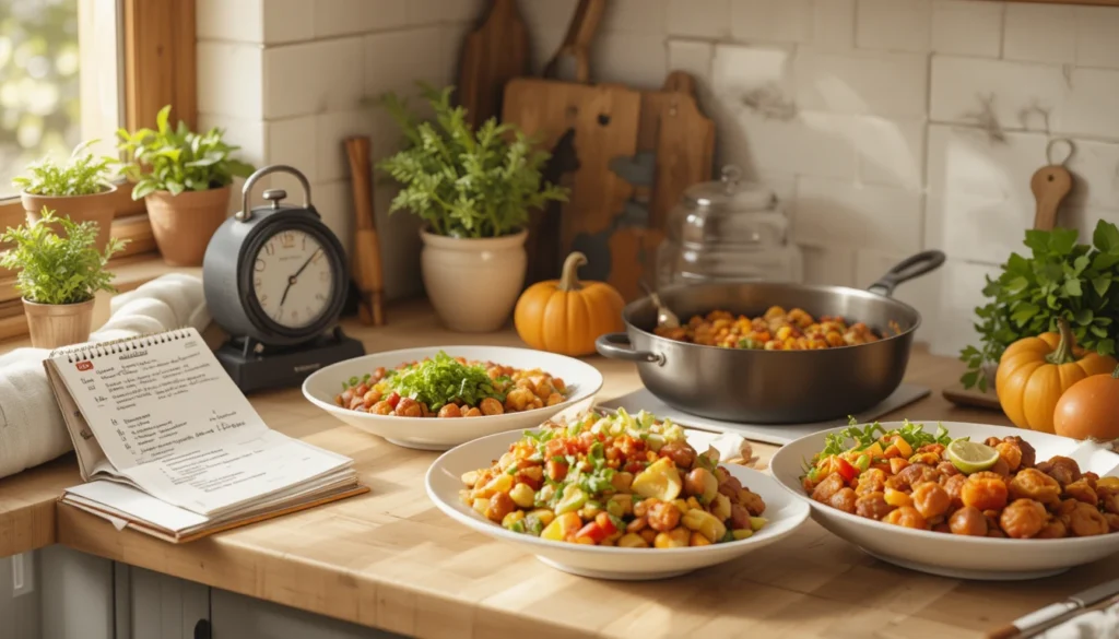 Cozy Dinner Recipes – Warm & Comforting Meals for Any Night 2 Cooking and preparation time setup showing timer, recipe notes, and meal prep in progress.