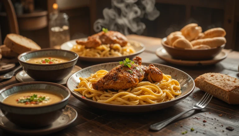 Cozy Dinner Recipes – Warm & Comforting Meals for Any Night 1 A cozy dinner spread with comforting homemade meals like pasta, soup, and roasted chicken.
