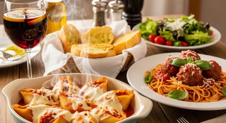 Rustic Italian comfort dinner spread with cheesy baked pasta shells, spaghetti and meatballs, garlic bread, and salad served in warm natural light.