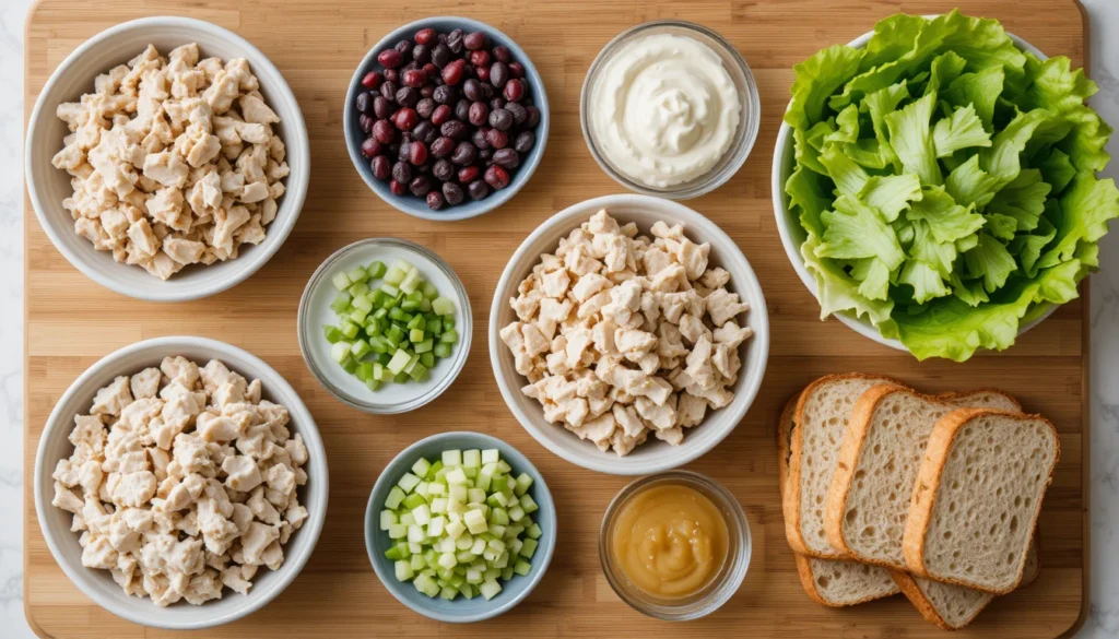 Fresh Apple Walnut Salad 4 Separated ingredients for Cranberry Chicken Salad Sandwich including shredded chicken, cranberries, celery, green onions, mayo, lettuce, and bread displayed in small bowls.