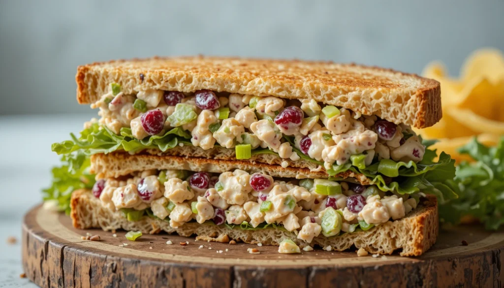 Fresh Apple Walnut Salad 3 Cranberry chicken salad sandwich with lettuce on toasted bread, served on a rustic plate with greens in bright natural light.