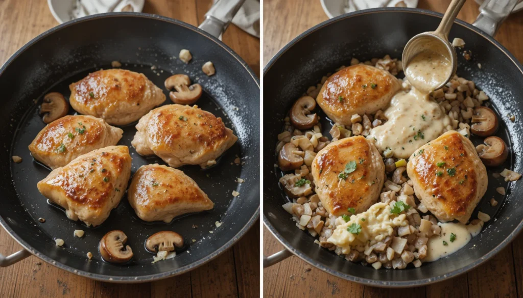 Creamy One-Pan Chicken & Mushroom Skillet – Comfort Dinner in 30 Minutes 3 Step-by-Step Instructions for making Creamy One-Pan Chicken & Mushroom Skillet
