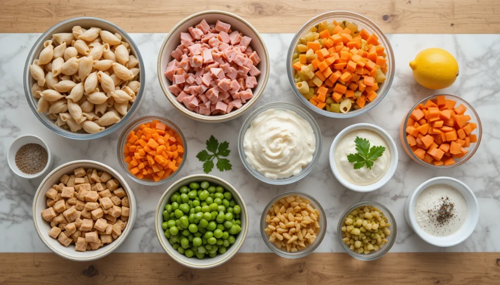 Fresh Apple Walnut Salad 6 Separated ingredients for Creamy Pasta Salad with Ham & Veggies including pasta, ham, peas, carrots, bell peppers, dressing, and herbs in small bowls on a bright surface.