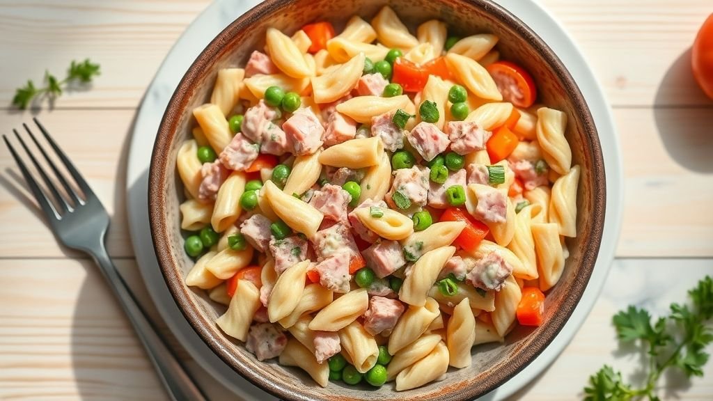 Fresh Apple Walnut Salad 5 Creamy pasta salad with ham, peas, carrots, and bell peppers served in a rustic bowl, garnished with parsley for a colorful lunch or side dish.