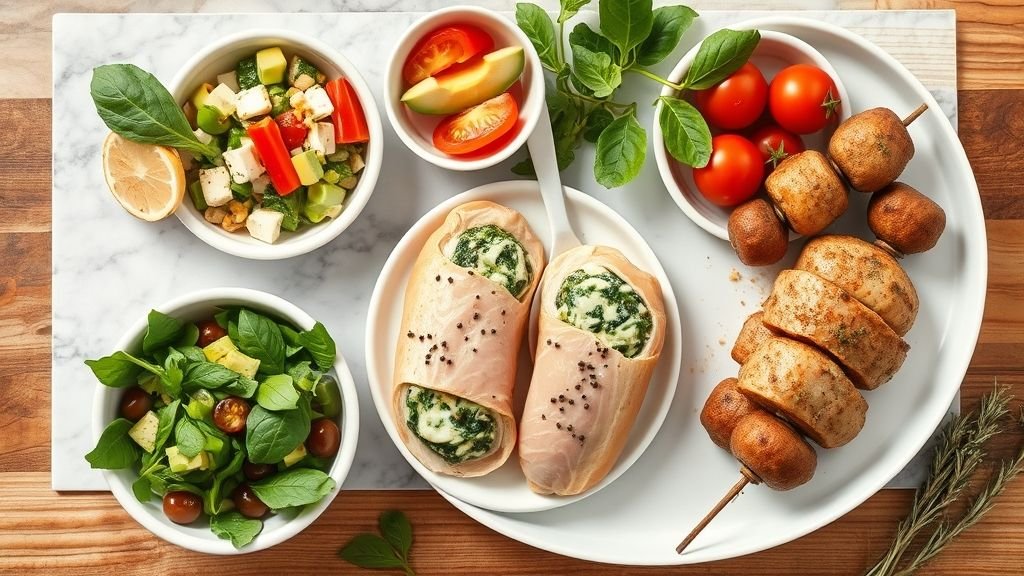 Wholesome Vegan Breakfast Wraps 3 Creamy Spinach Stuffed Chicken Breast with golden crust, spinach cheese filling, and creamy garlic sauce served on a rustic table.