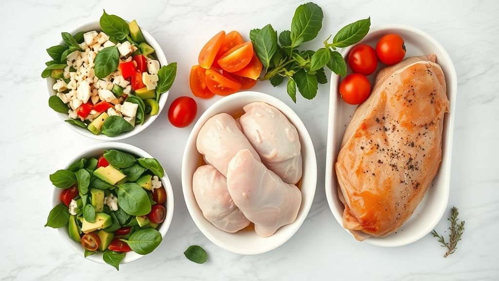Wholesome Vegan Breakfast Wraps 4 Separated ingredients for Creamy Spinach Stuffed Chicken Breast including chicken breasts, spinach, cream cheese, mozzarella, garlic, herbs, and olive oil in small bowls.