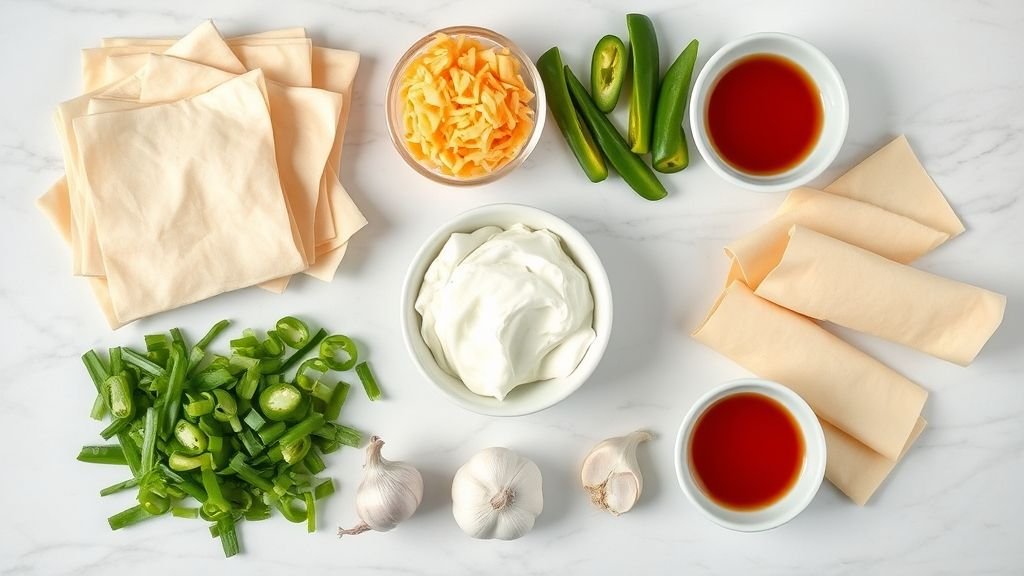 Crispy Asian Appetizers: Fried Wontons 2 Separated ingredients for Crispy Asian Appetizers showing wonton wrappers, jalapeños, cheese, cream cheese, and sauces.