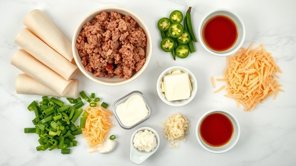Crispy Asian Appetizers: Fried Wontons 4 Separated ingredients for Crispy, Cheesy Beef and Jalapeño Egg Rolls including beef, cheese, jalapeños, wrappers, and sauce.