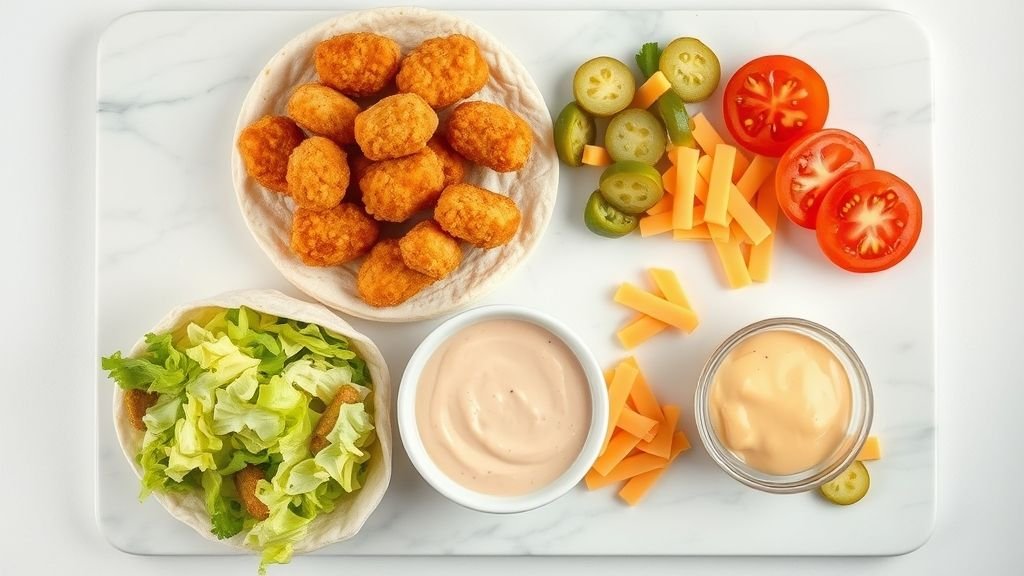 Comfort Food Favorites: Crispy Wraps, Meatball Subs 2 Separated ingredients for Crispy Chicken Nugget Wrap with Special Sauce including nuggets, tortilla, lettuce, cheese, tomatoes, pickles, and special sauce.