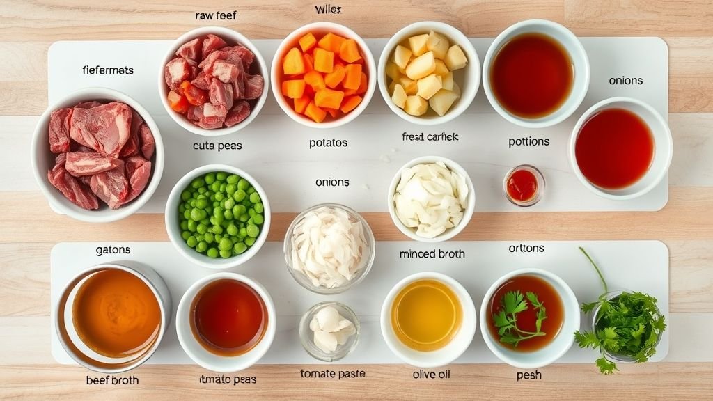 Cozy Classics: Tomato Soup & Grilled Cheese 4 Separated ingredients for Easy Slow Cooker Dinner Recipe displayed individually in small bowls including beef, carrots, potatoes, peas, onions, garlic, broth, tomato paste, Worcestershire sauce, olive oil, and parsley.