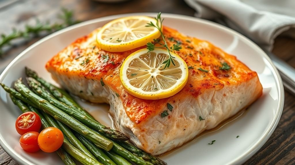 Healthy & Delicious Pan-Roasted Salmon with Lemon and Herbs 2 Hyper-realistic image of the featured pan-roasted salmon with golden crust, fresh herbs, lemon slices, and roasted vegetables on a white plate.