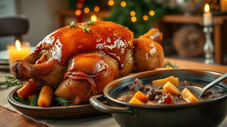 Festive Maple-Glazed Holiday Roast 1 Festive maple-glazed holiday roast with herbs and roasted vegetables served beside a hearty beef stew in a rustic bowl, set on a warm, holiday-style dining table.