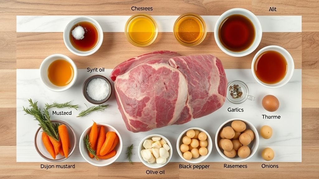 Festive Maple-Glazed Holiday Roast 2 Separated ingredients for Festive Maple-Glazed Holiday Roast including raw roast, maple syrup, mustard, garlic, herbs, carrots, onions, and potatoes displayed in small bowls on a wooden surface.