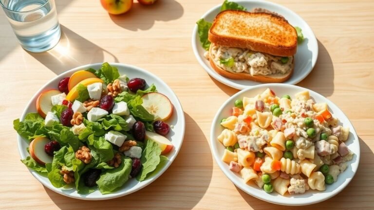 Fresh apple walnut salad, cranberry chicken salad sandwich, and creamy pasta salad with ham and veggies arranged on a bright wooden table for a refreshing lunch scene.