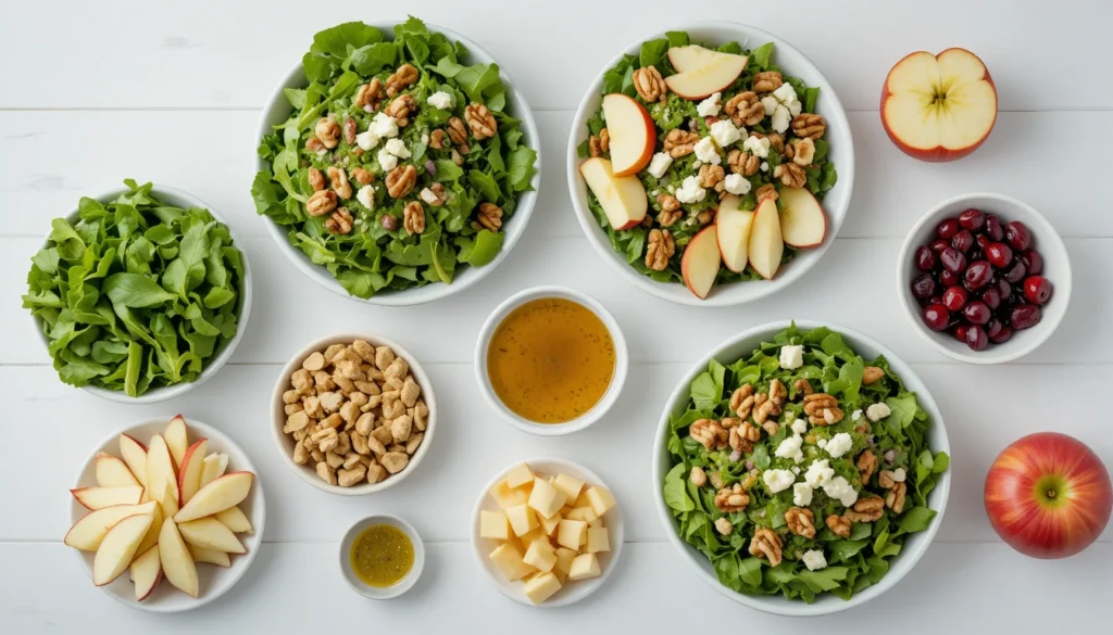 Fresh Apple Walnut Salad 2 Separated ingredients for Fresh Apple Walnut Salad including apples, walnuts, greens, feta cheese, cranberries, and dressing displayed in small bowls on a bright surface.