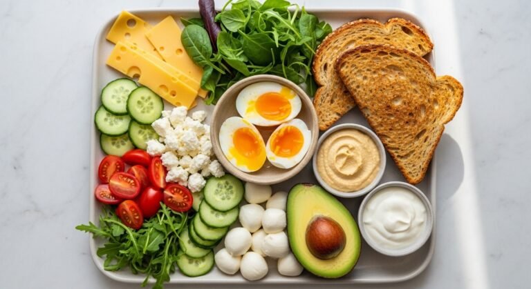 Fresh cheese, eggs, and veggie breakfast platter with tomatoes, avocado, cucumber, and toast arranged for a healthy morning meal.