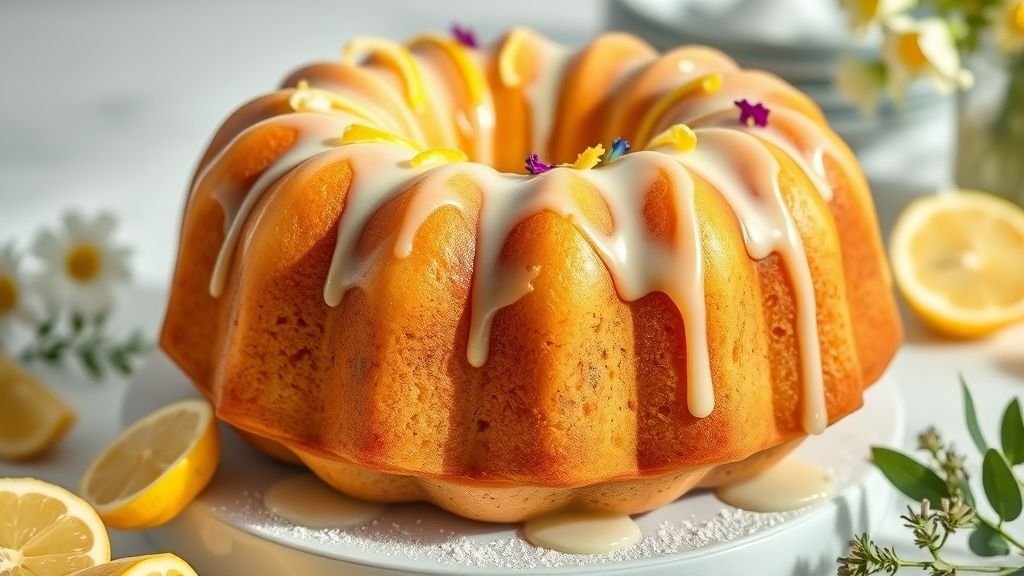 Rustic Lemon Drizzle Cake with Thyme 3 Garden Party Lemon Bundt Cake with lemon glaze, zest curls, and floral thyme garnish on a bright, garden-inspired background.