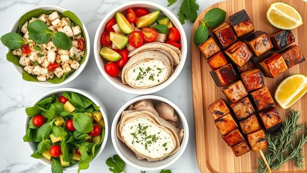 Wholesome Vegan Breakfast Wraps 5 Glazed and charred herb-marinated meat skewers served on a rustic board with fresh lime wedges and chopped herbs.