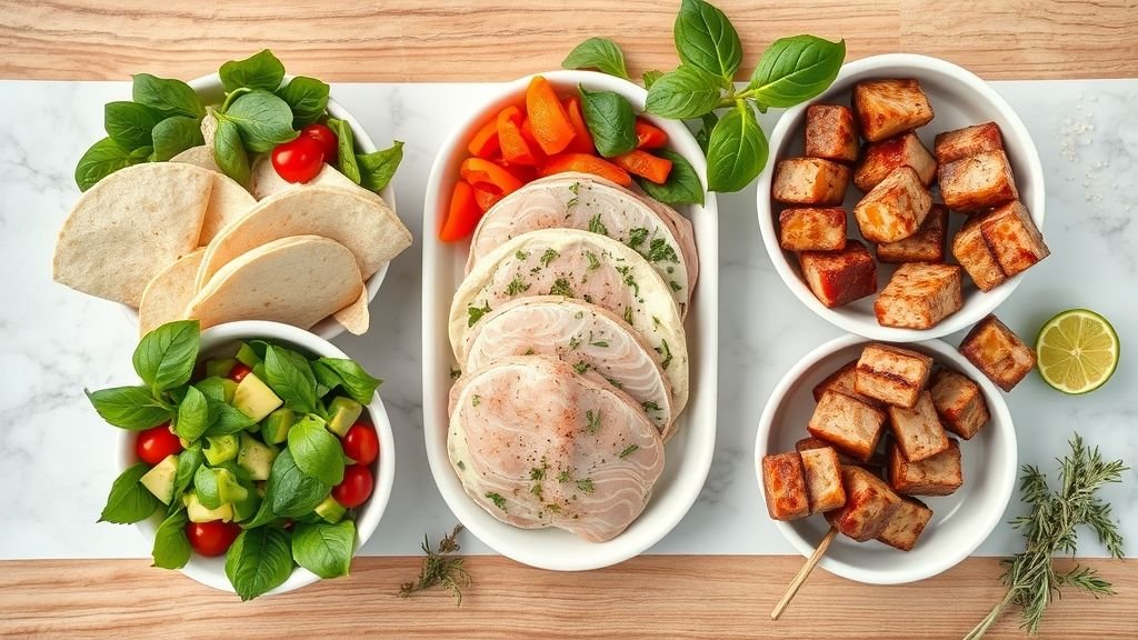 Wholesome Vegan Breakfast Wraps 6 Separated ingredients for Glazed & Charred Herb-Marinated Meat Skewers including meat cubes, olive oil, garlic, herbs, spices, honey glaze, and lime wedges displayed in small bowls