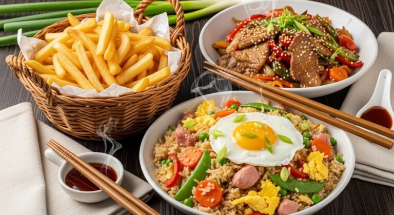 Crispy golden French fries, homemade pork fried rice, and savory Asian stir-fry rice bowl served together on a rustic table.