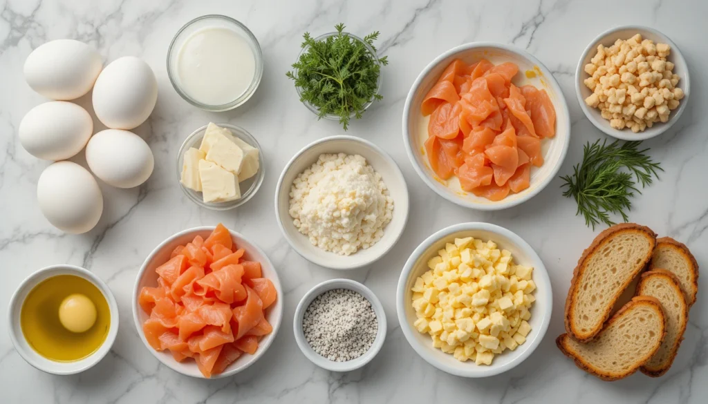 Gourmet Scrambled Eggs with Smoked Salmon 2 Separated ingredients for Gourmet Scrambled Eggs with Smoked Salmon including eggs, smoked salmon, butter, cream, herbs, salt, pepper, and toasted bread slices displayed in small bowls.