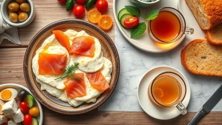 Gourmet scrambled eggs with smoked salmon, lavish Turkish breakfast items, and apple mint tea with orange loaf cake arranged on a rustic breakfast table.