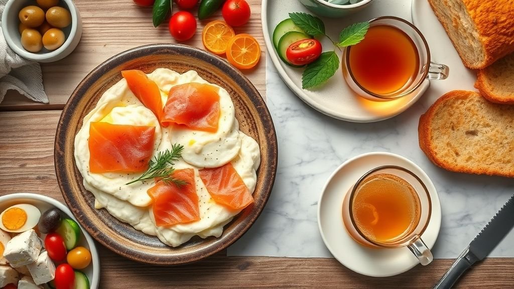 Gourmet Scrambled Eggs with Smoked Salmon 1 Gourmet scrambled eggs with smoked salmon, lavish Turkish breakfast items, and apple mint tea with orange loaf cake arranged on a rustic breakfast table.