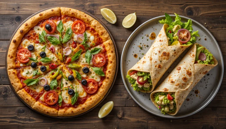 Gourmet vegetarian pizza with fresh toppings and a smoky grilled chicken and avocado ranch burrito cut in half, served side by side on a rustic wooden table.