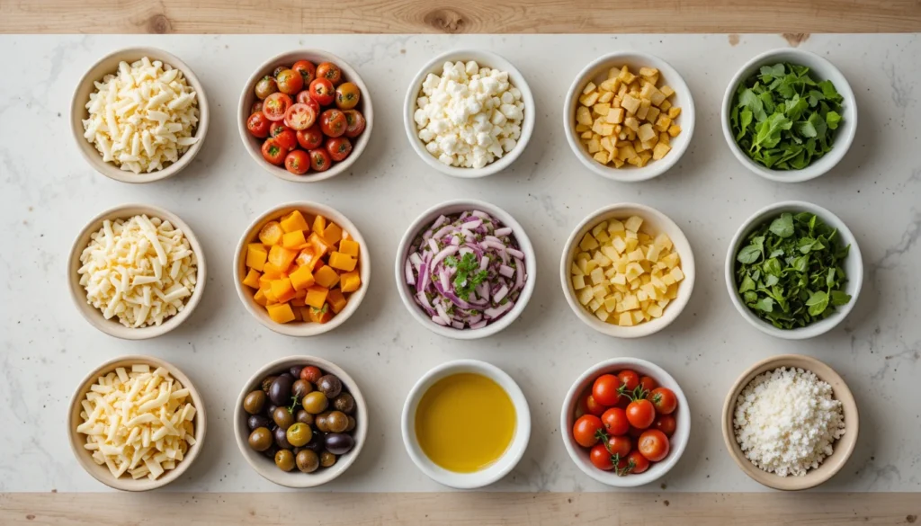 Separated ingredients for Gourmet Vegetarian Pizza including pizza dough, mozzarella, tomatoes, bell peppers, red onion, olives, arugula, olive oil, and herbs displayed in small bowls.