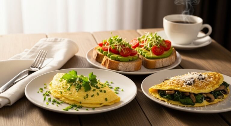 Healthy breakfast spread featuring egg white omelette, avocado toast with cherry tomatoes, and spinach mushroom omelet on a rustic table in natural morning light.