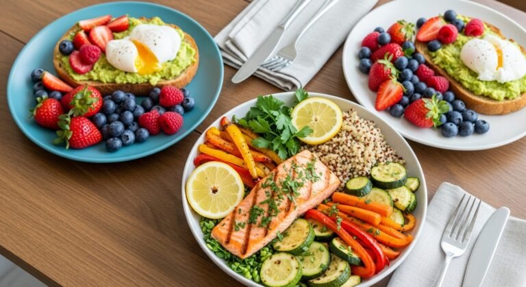 Healthy meal spread with avocado toast breakfast, grilled fish and veggie grain bowl, and perfectly seared lemon salmon garnished with fresh herbs and lemon slices.