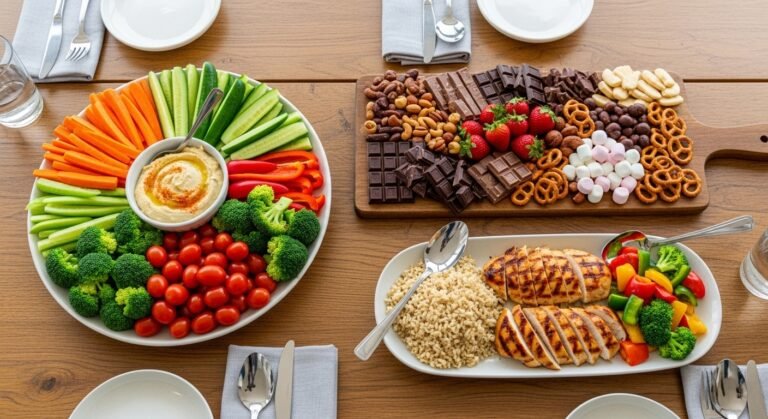 Fresh and colorful vegetable platter with carrots, cucumbers, bell peppers, broccoli, and dips arranged on a serving tray.
