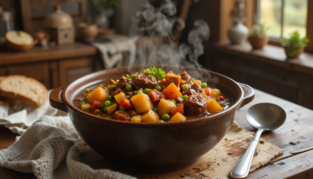 Cozy Classics: Tomato Soup & Grilled Cheese 5 Hearty & Tender Beef Stew (Stovetop Version) served hot in a rustic bowl with beef, carrots, potatoes, and gravy on a wooden table.