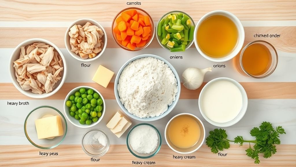 Hearty Soups & Stews: Creamy Chicken Vegetable Soup 2 Separated ingredients for Hearty Creamy Chicken and Vegetable Soup including shredded chicken, carrots, celery, peas, corn, broth, cream, and herbs arranged neatly in bowls.