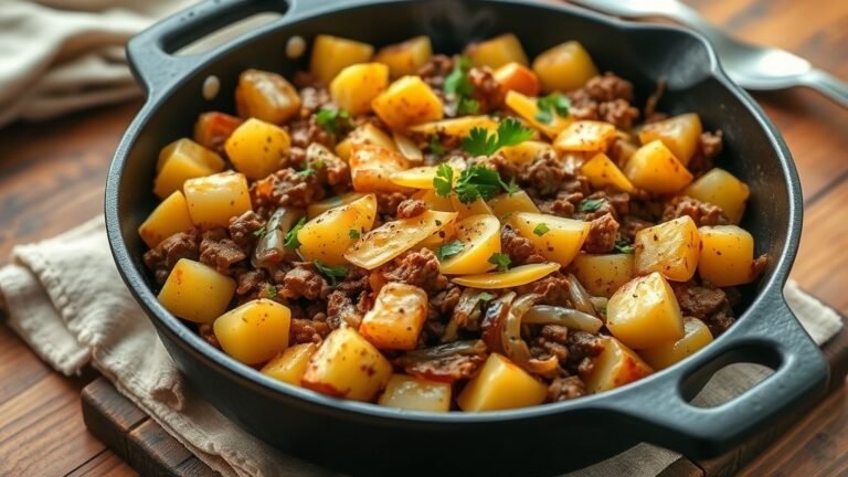 Hearty Ground Beef – Easy Comfort Food Recipe 3 Hyper-realistic image of a hearty ground beef and potato skillet with melted cheese, caramelized onions, and herbs served hot in a cast-iron pan on a rustic wooden table.