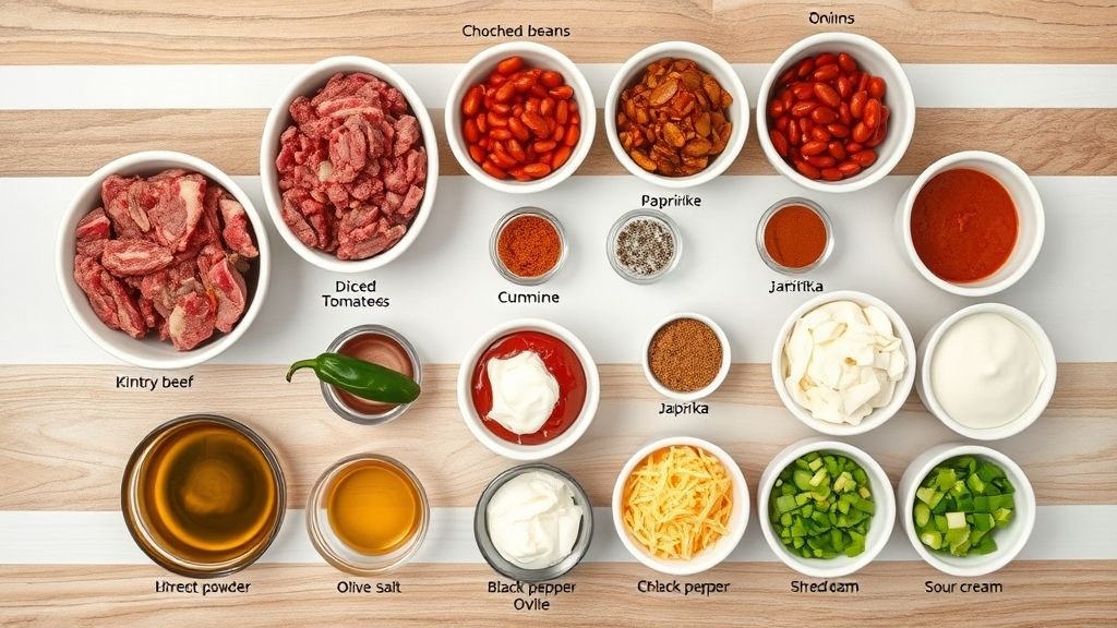 Hearty Soups & Stews: Creamy Chicken Vegetable Soup 4 Separated ingredients for Hearty Homemade Chili Bowl including ground beef, beans, tomatoes, onions, spices, cheese, sour cream, and green onions arranged neatly in bowls.