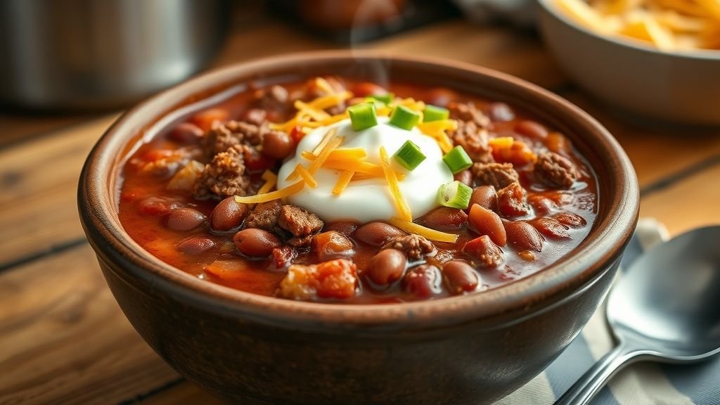 Hearty Soups & Stews: Creamy Chicken Vegetable Soup 3 Hearty Homemade Chili Bowl with beef, beans, tomato sauce, and chili spices topped with cheese, sour cream, and green onions.