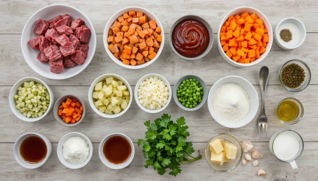 Cozy Classics: Tomato Soup & Grilled Cheese 6 Separated ingredients for Hearty & Tender Beef Stew (Stovetop Version) displayed in small bowls, including beef cubes, carrots, potatoes, celery, peas, onions, tomato paste, broth, and herbs.